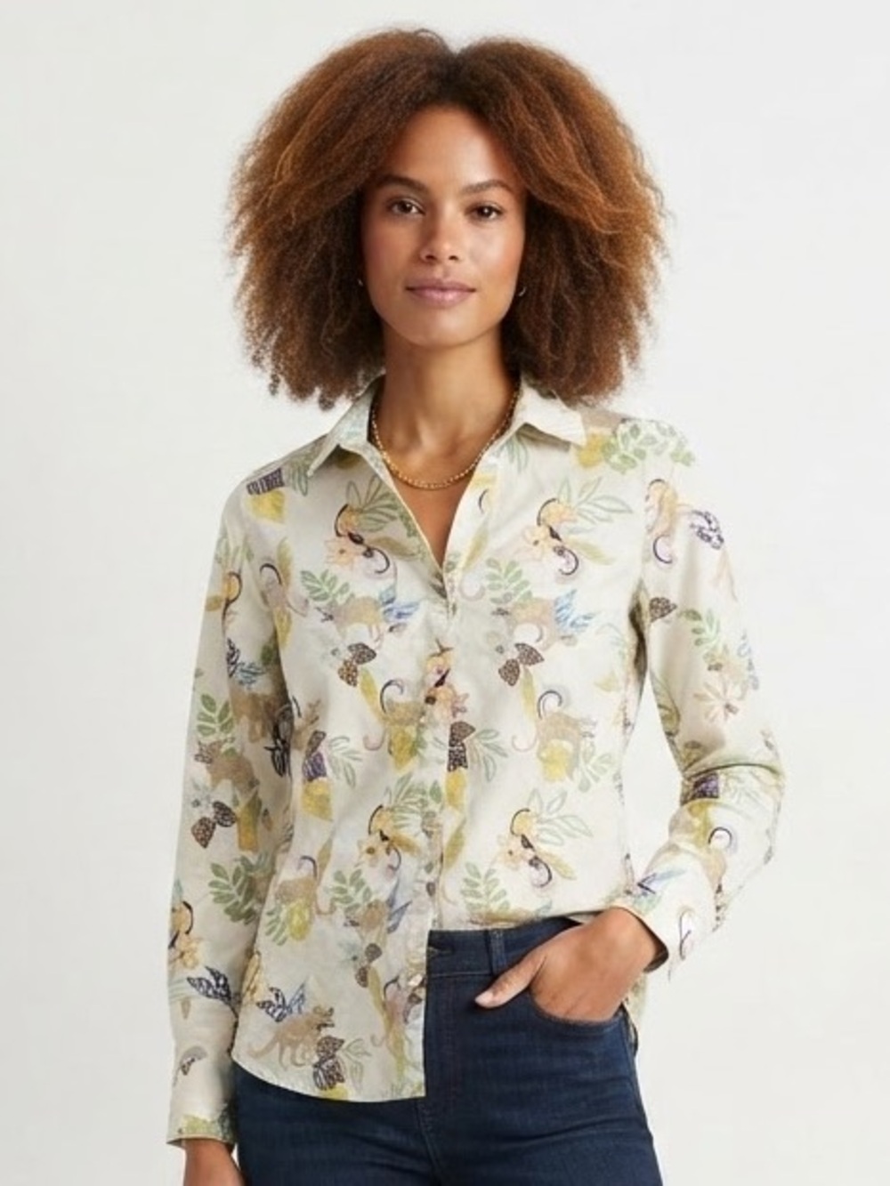 FOXCROFT NYC Jungle Flora Button-Down Shirt 4 20” p2p Cream Multi EUC